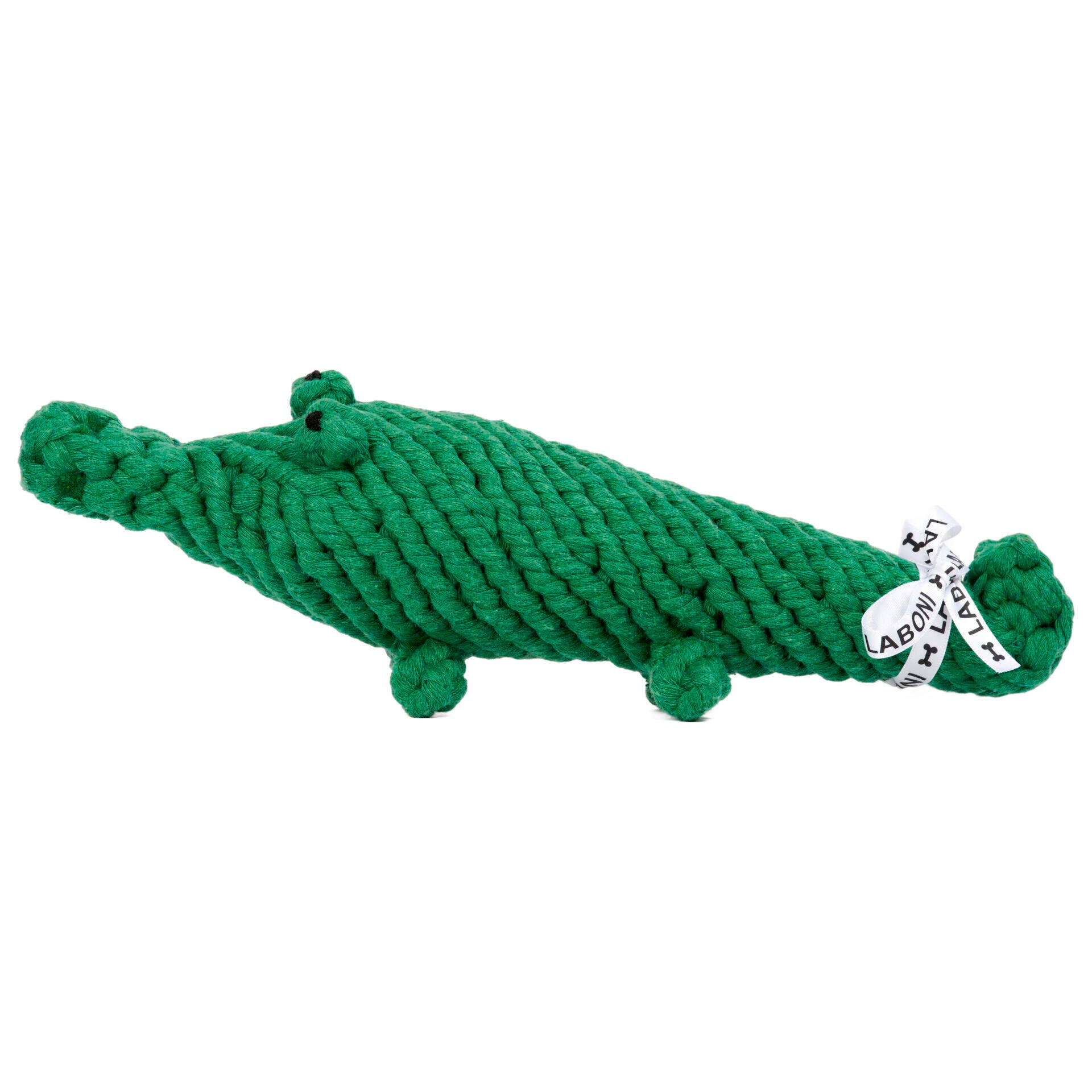A green crocodile-shaped rope dog toy Kalli Krokodil dog toy, hand-braided cotton for tartar reduction shown against a plain white background.